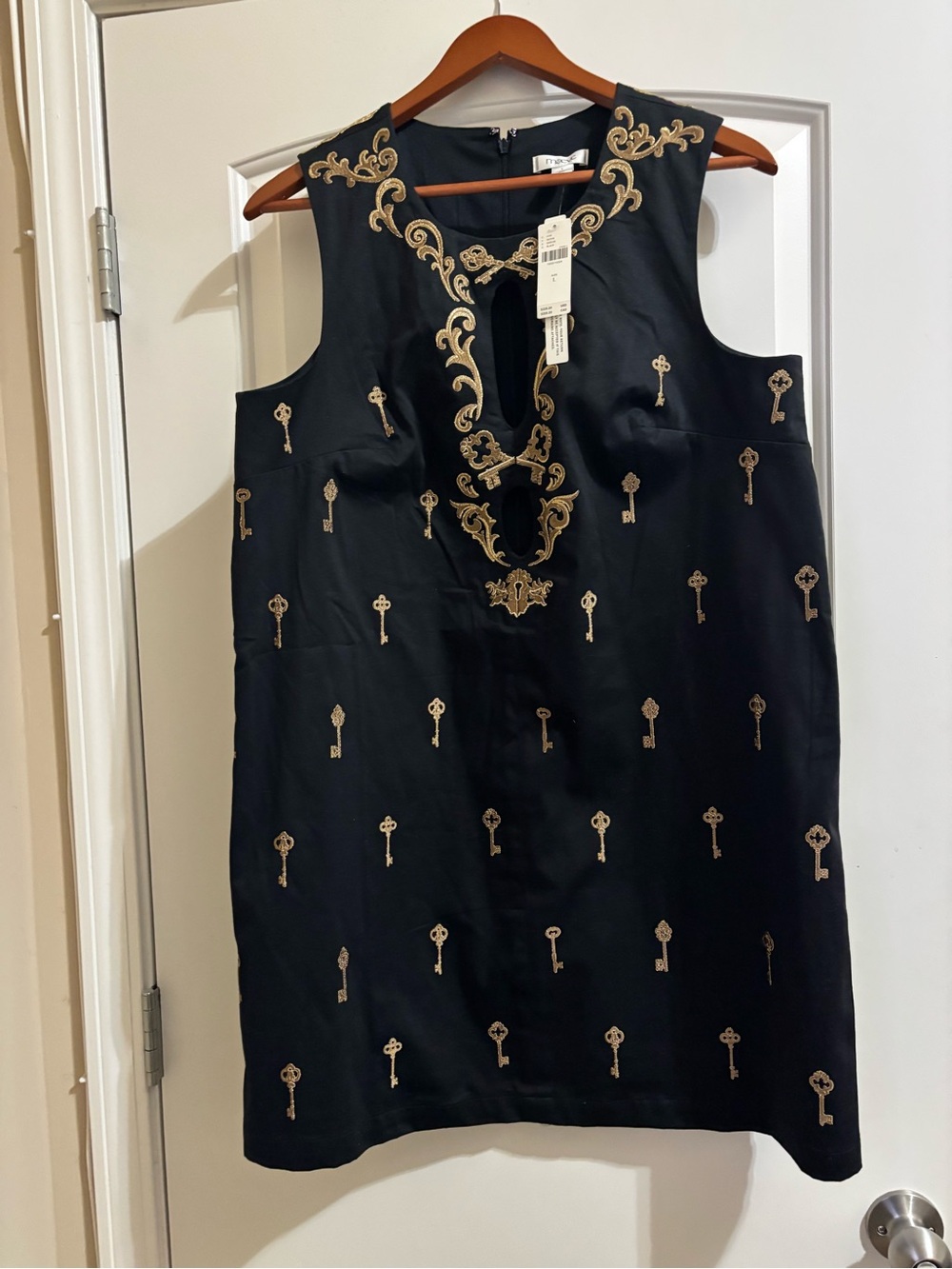 Maeve Black Sleeveless Mini Dress with Gold Key Embroidery